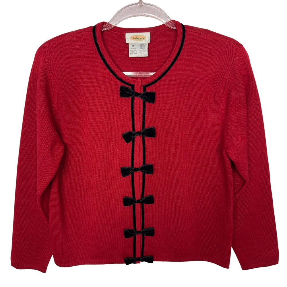 Talbots 100% Merino Wool Velvet Bow Sweater Cardigan Jacket